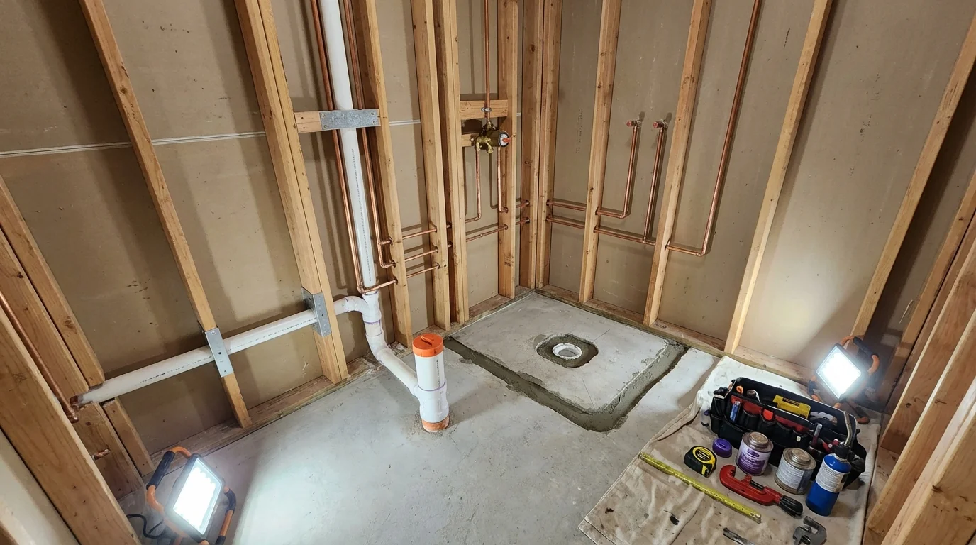 Bathroom rough-in plumbing during remodel by Johns Plumbing LLC in Fort Mill