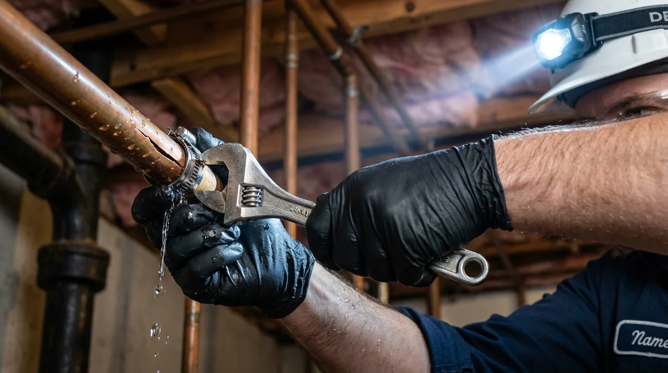 Emergency pipe clamp repair being performed by a Johns Plumbing LLC plumber in Fort Mill