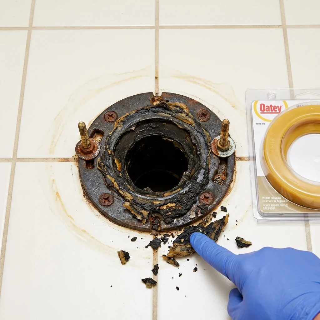Failed wax ring showing water seepage at the base of a toilet in a Fort Mill, SC home