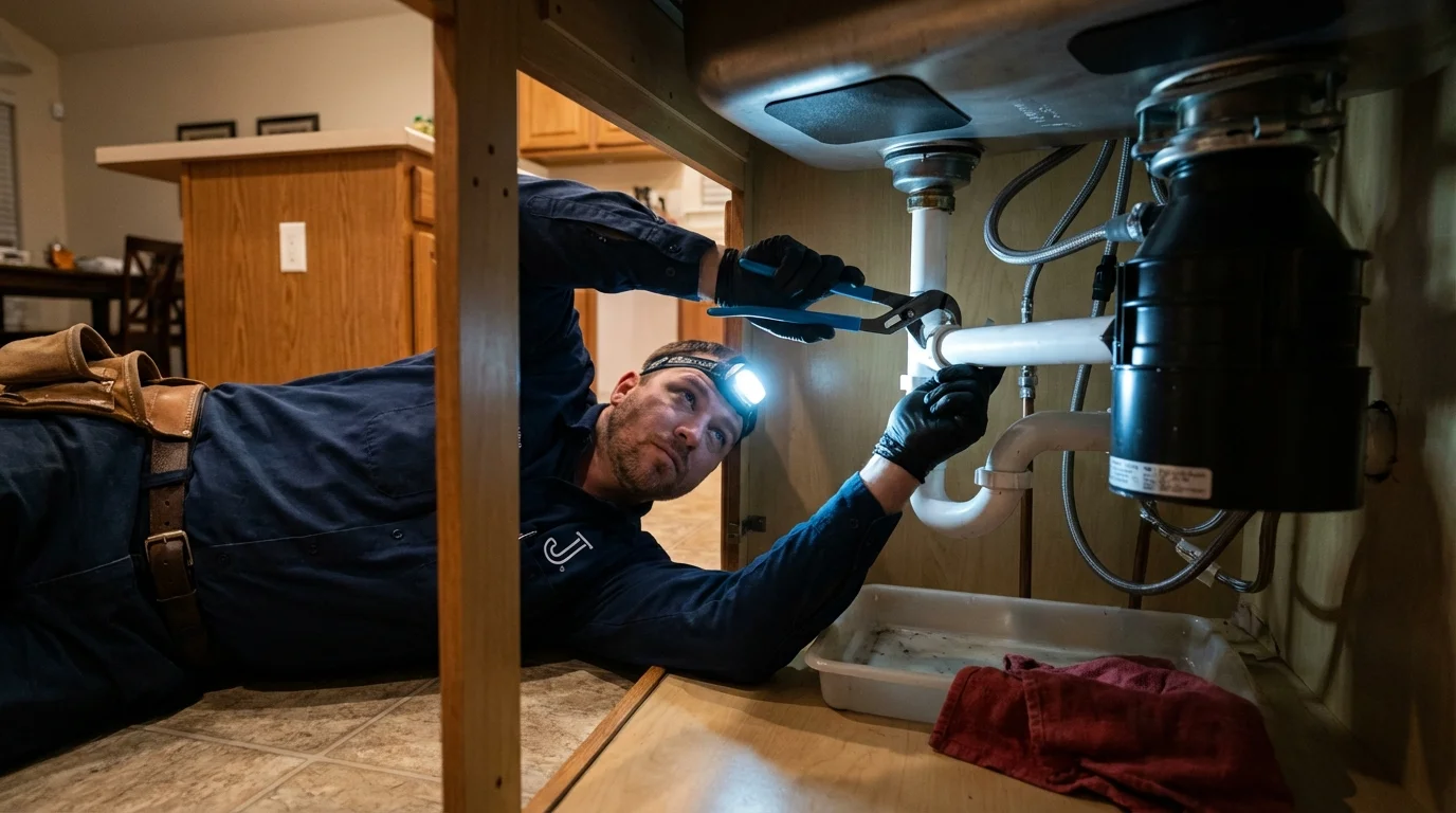 P-trap and supply line connections under a kitchen sink showing a common leak point in Fort Mill, SC